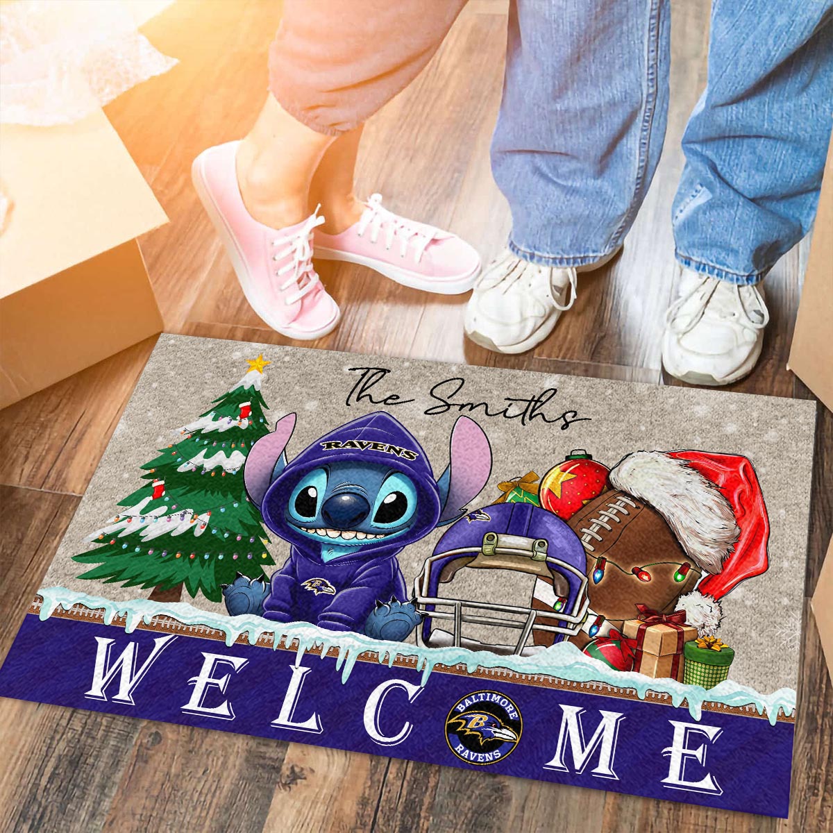 Baltimore Ravens Cute Stitch Christmas Doormat - Famjoys Baltimore Ravens Cute Stitch Christmas Doormat - Famjoys