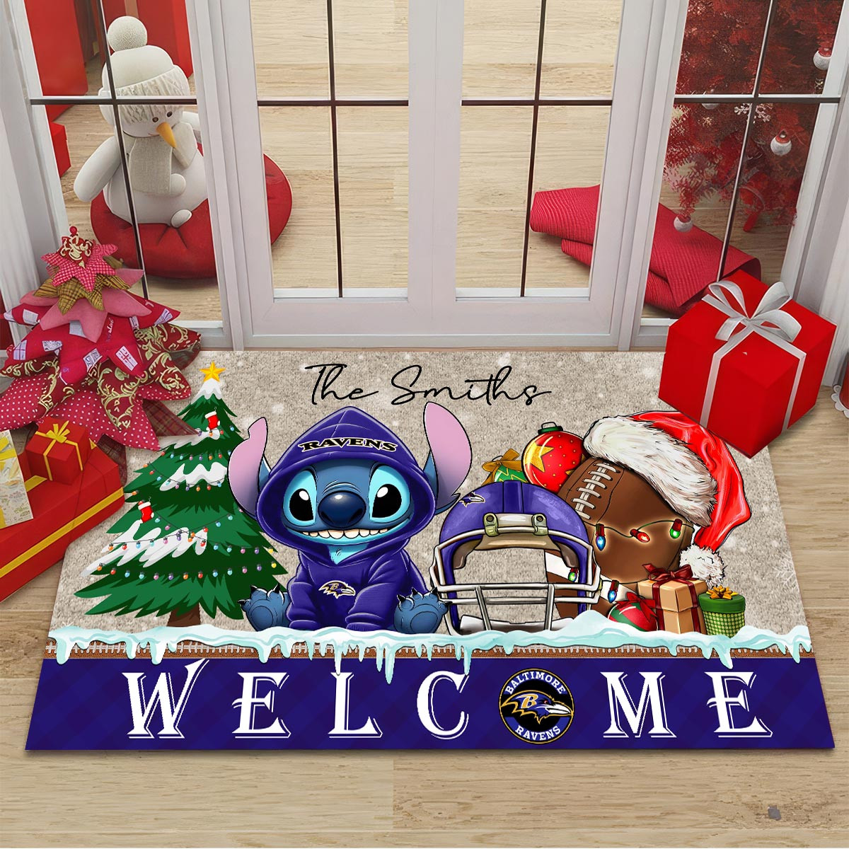 Baltimore Ravens Cute Stitch Christmas Doormat - Famjoys Baltimore Ravens Cute Stitch Christmas Doormat - Famjoys