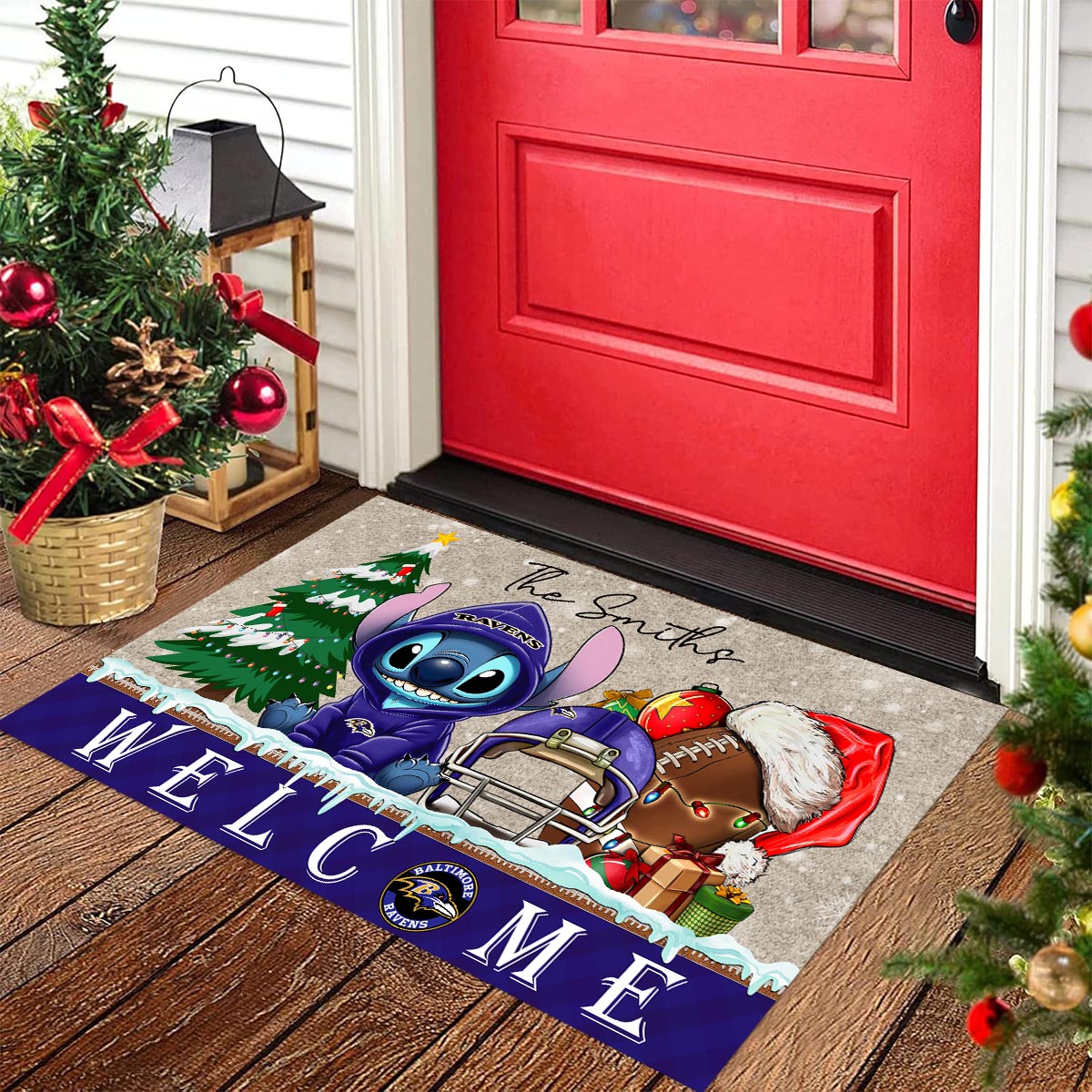 Baltimore Ravens Cute Stitch Christmas Doormat - Famjoys Baltimore Ravens Cute Stitch Christmas Doormat - Famjoys