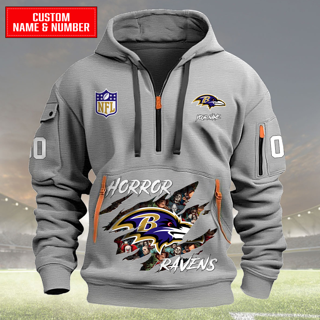 Baltimore Ravens Halloween Horror Collection Personalize Quarter Zip Hoodie AZCAQZH000017 - Famjoys Baltimore Ravens Halloween Horror Collection Personalize Quarter Zip Hoodie AZCAQZH000017 - Famjoys