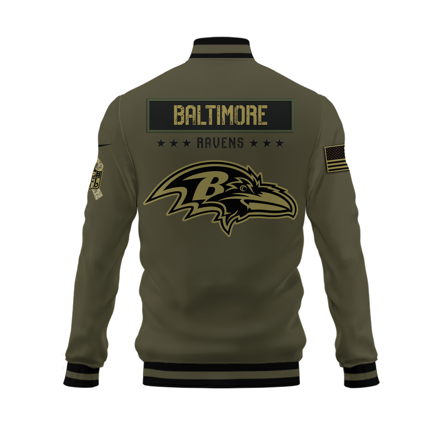 Baltimore Ravens Salute To Service Club Baseball Jacket Varsity Jacket - Green - Famjoys Baltimore Ravens Salute To Service Club Baseball Jacket Varsity Jacket - Green - Famjoys