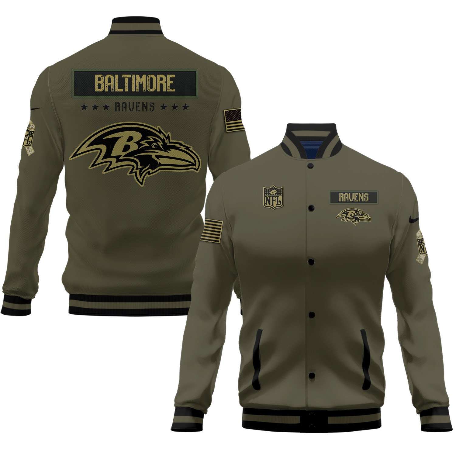 Baltimore Ravens Salute To Service Club Baseball Jacket Varsity Jacket - Green - Famjoys Baltimore Ravens Salute To Service Club Baseball Jacket Varsity Jacket - Green - Famjoys