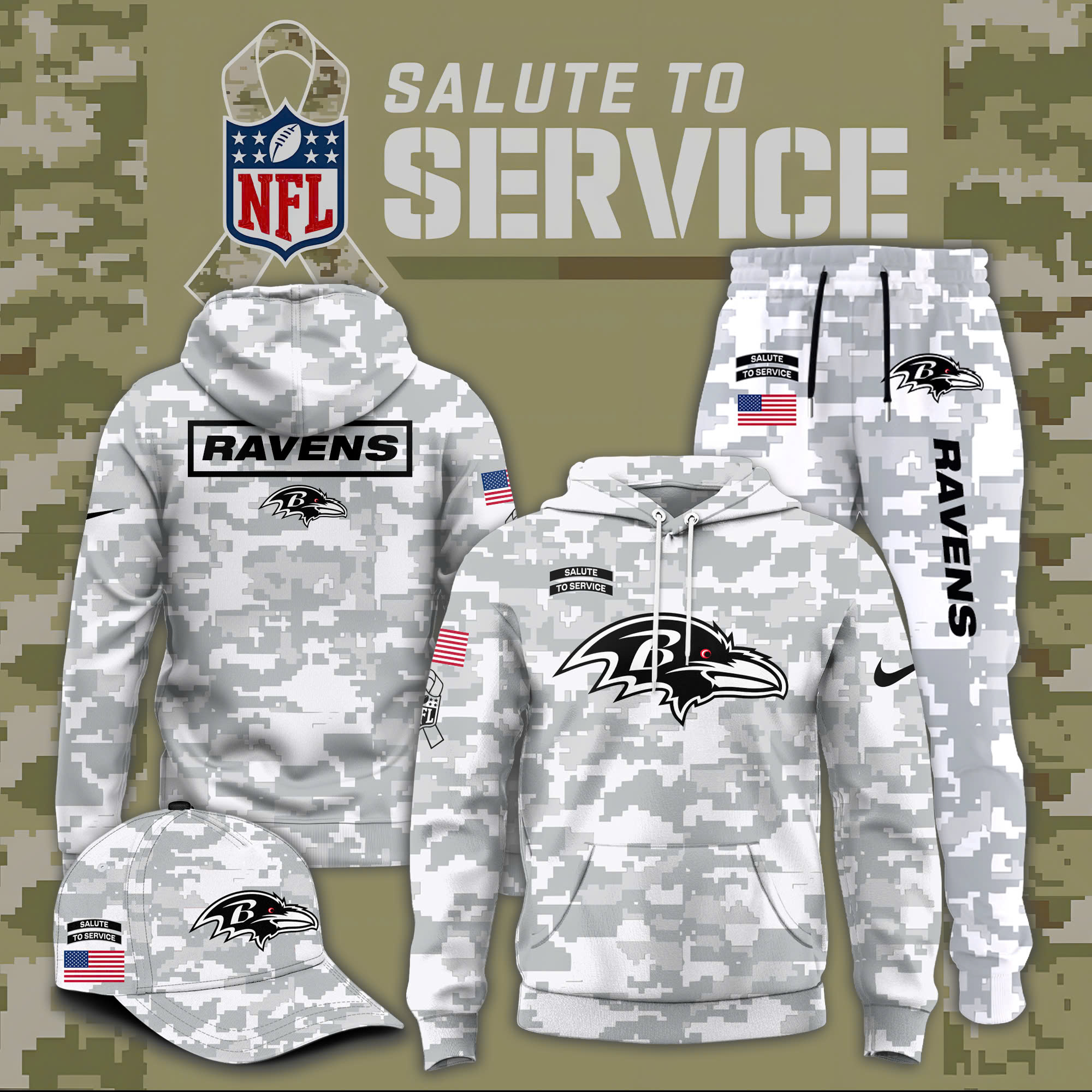 Baltimore Ravens Salute to Service Club Fleece Pullover Hoodie - Famjoys Baltimore Ravens Salute to Service Club Fleece Pullover Hoodie - Famjoys