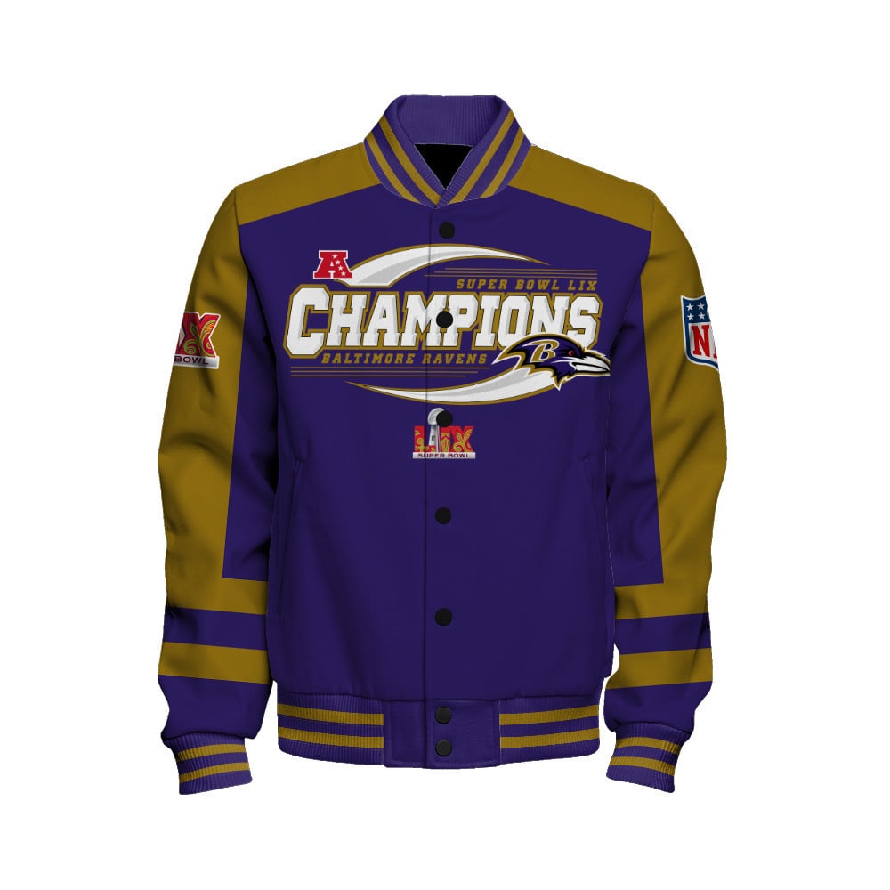 Baltimore Ravens Super Bowl 2025 Victory A Champion's Choice Varsity Jacket - Famjoys Baltimore Ravens Super Bowl 2025 Victory A Champion's Choice Varsity Jacket - Famjoys