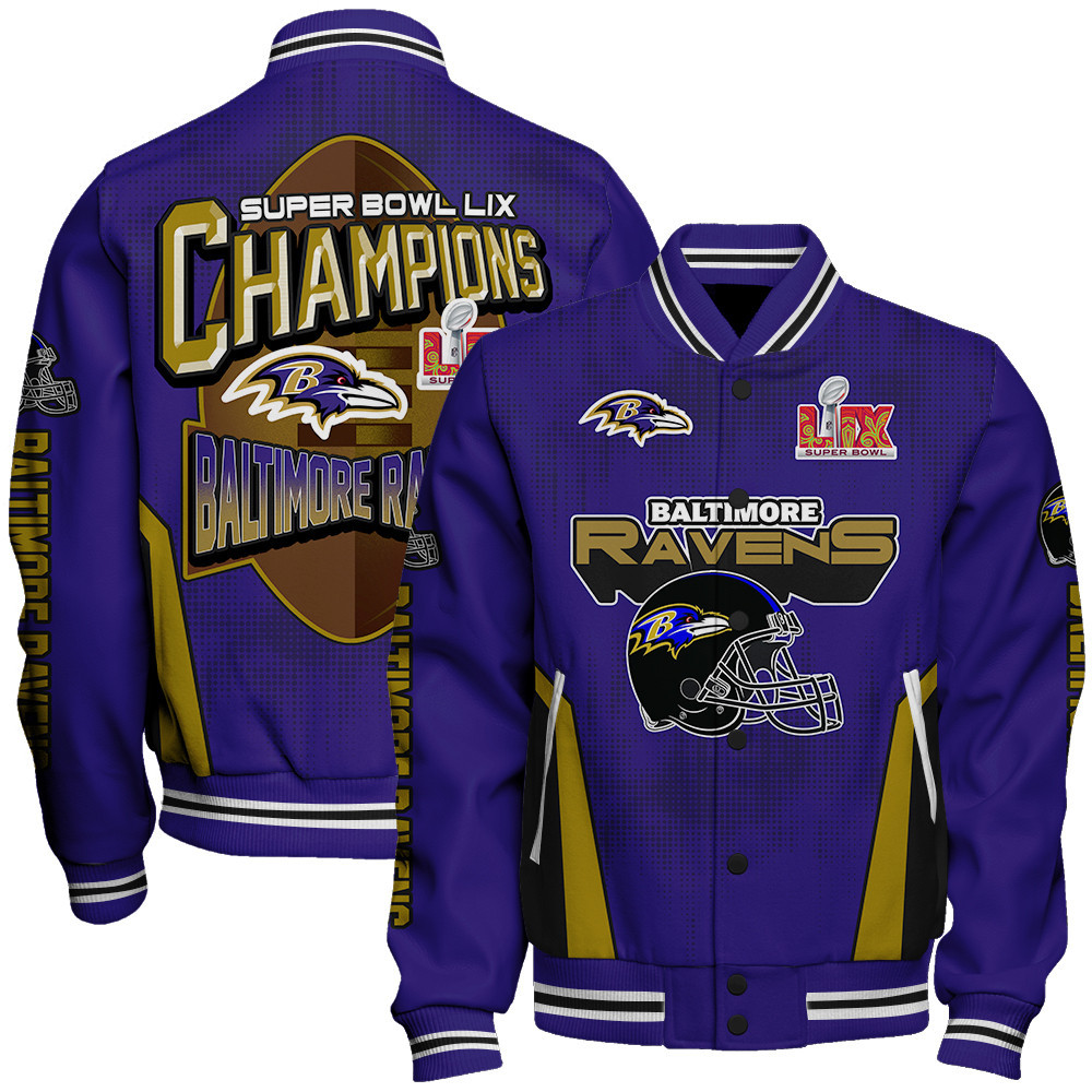 Baltimore Ravens Super Bowl LIX Champions Feared Opponents Varsity Jacket - Famjoys Baltimore Ravens Super Bowl LIX Champions Feared Opponents Varsity Jacket - Famjoys