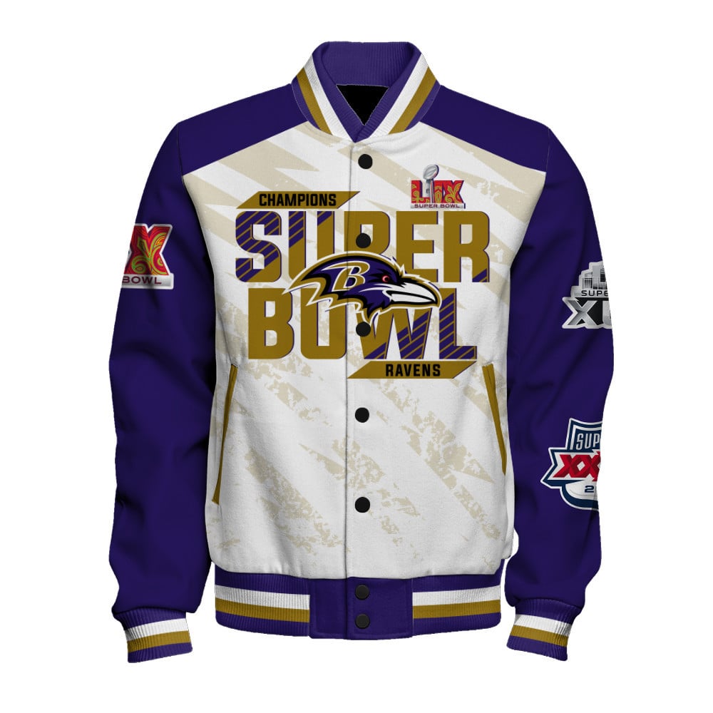 Baltimore Ravens Super Bowl LIX Champions The King Of The Field Varsity Jacket - Famjoys Baltimore Ravens Super Bowl LIX Champions The King Of The Field Varsity Jacket - Famjoys