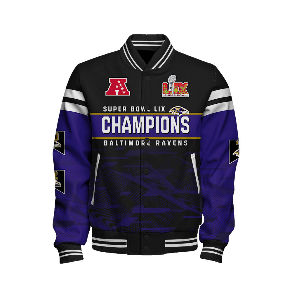 Baltimore Ravens Super Bowl LIX Champions Varsity Jacket - Famjoys Baltimore Ravens Super Bowl LIX Champions Varsity Jacket - Famjoys