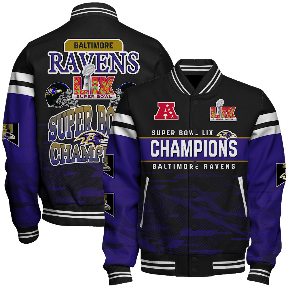 Baltimore Ravens Super Bowl LIX Champions Varsity Jacket - Famjoys Baltimore Ravens Super Bowl LIX Champions Varsity Jacket - Famjoys