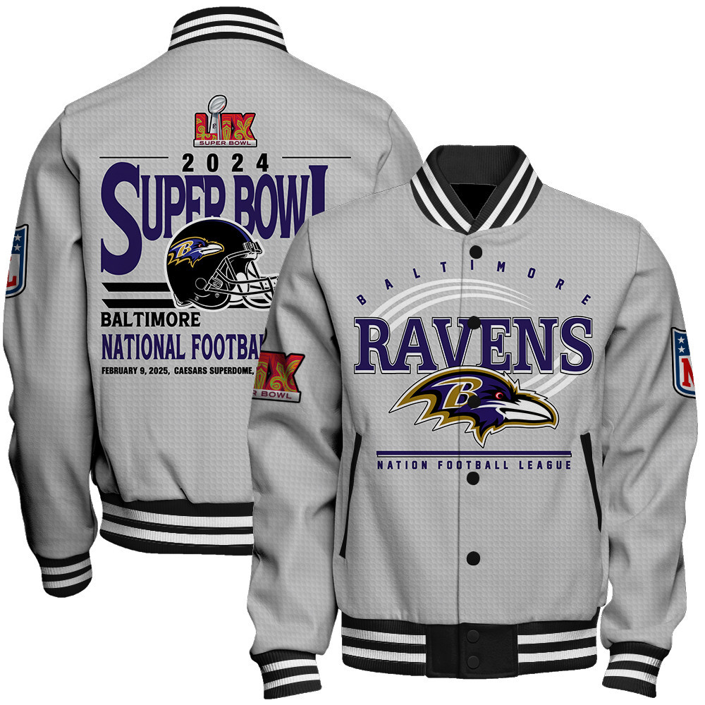 Baltimore Ravens Super Bowl LIX Glory Varsity Jacket - Famjoys Baltimore Ravens Super Bowl LIX Glory Varsity Jacket - Famjoys