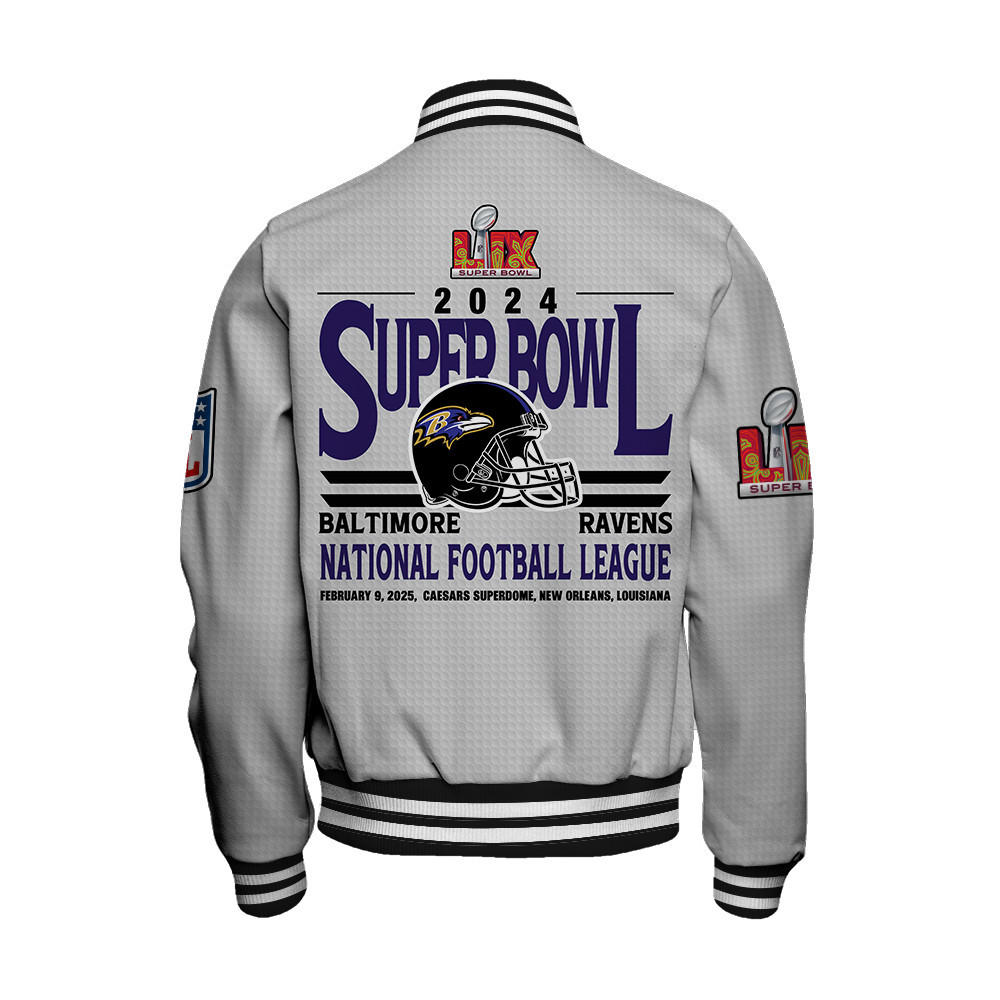 Baltimore Ravens Super Bowl LIX Glory Varsity Jacket - Famjoys Baltimore Ravens Super Bowl LIX Glory Varsity Jacket - Famjoys