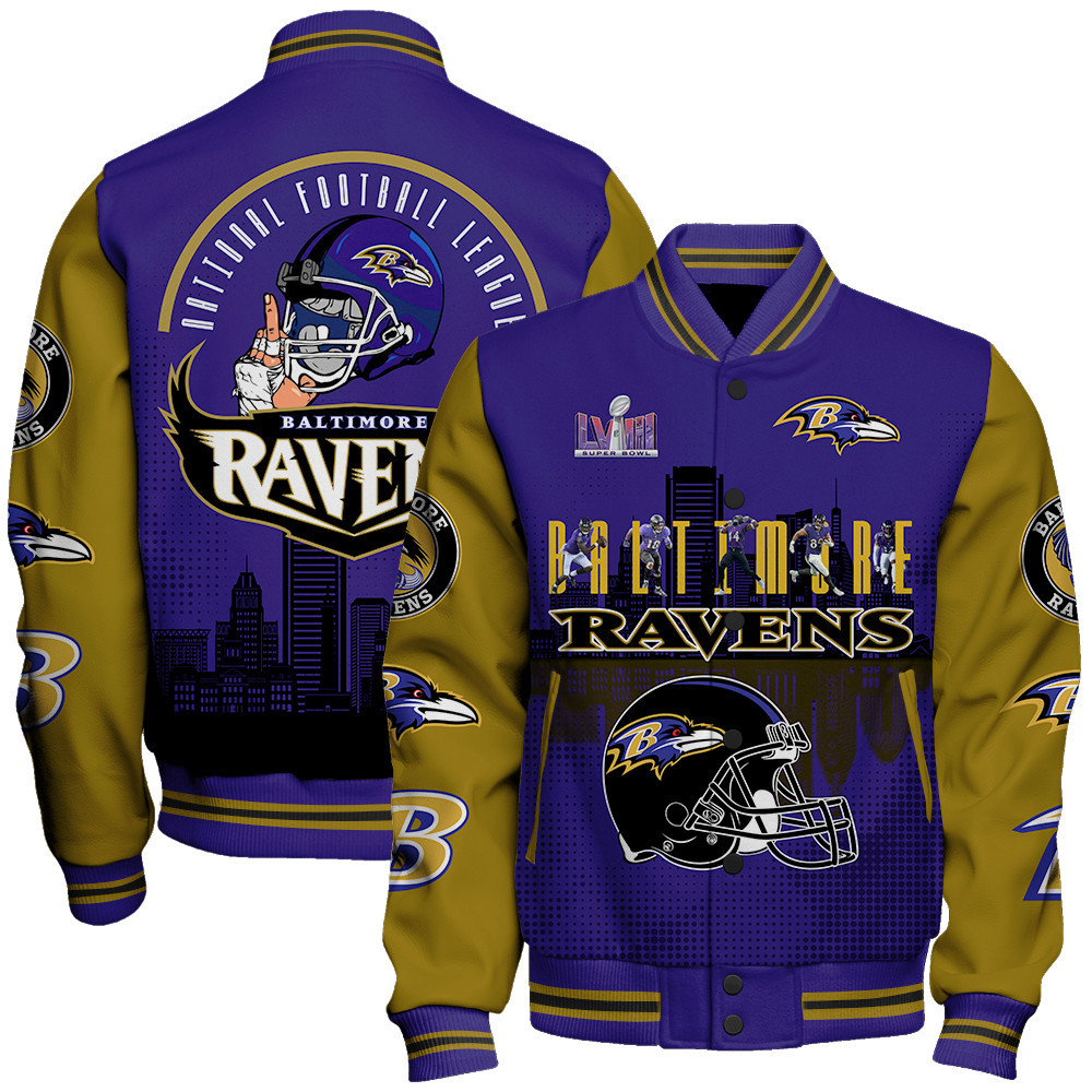 Baltimore Ravens Team Logo Player Design Varsity Jacket - Famjoys Baltimore Ravens Team Logo Player Design Varsity Jacket - Famjoys