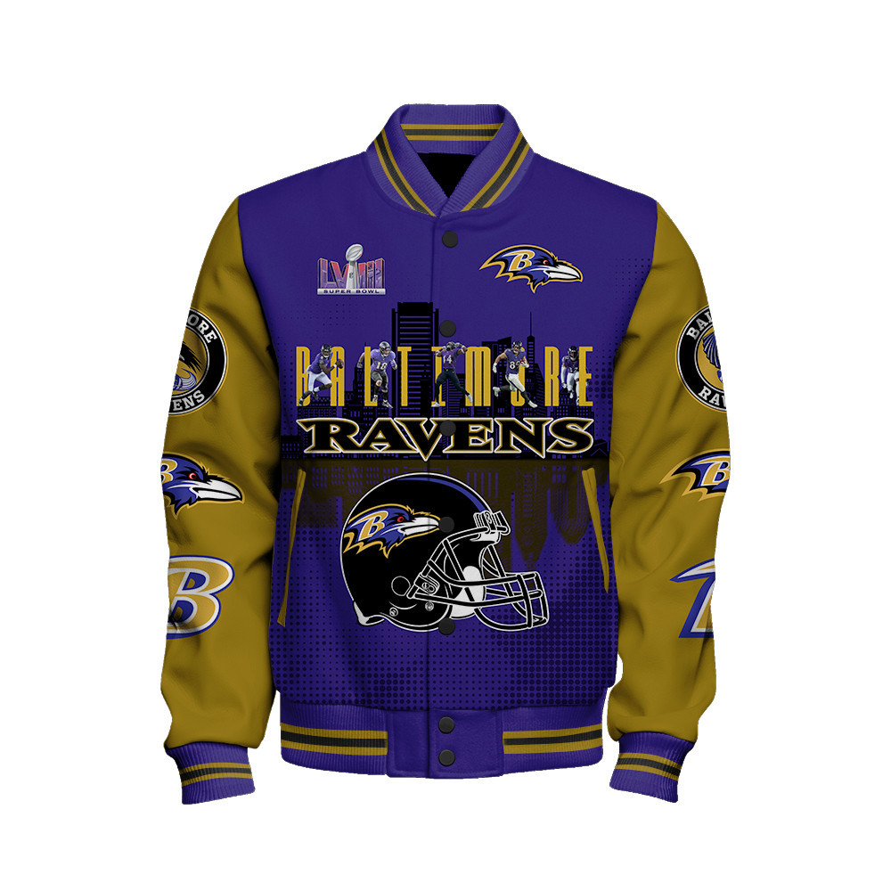 Baltimore Ravens Team Logo Player Design Varsity Jacket - Famjoys Baltimore Ravens Team Logo Player Design Varsity Jacket - Famjoys