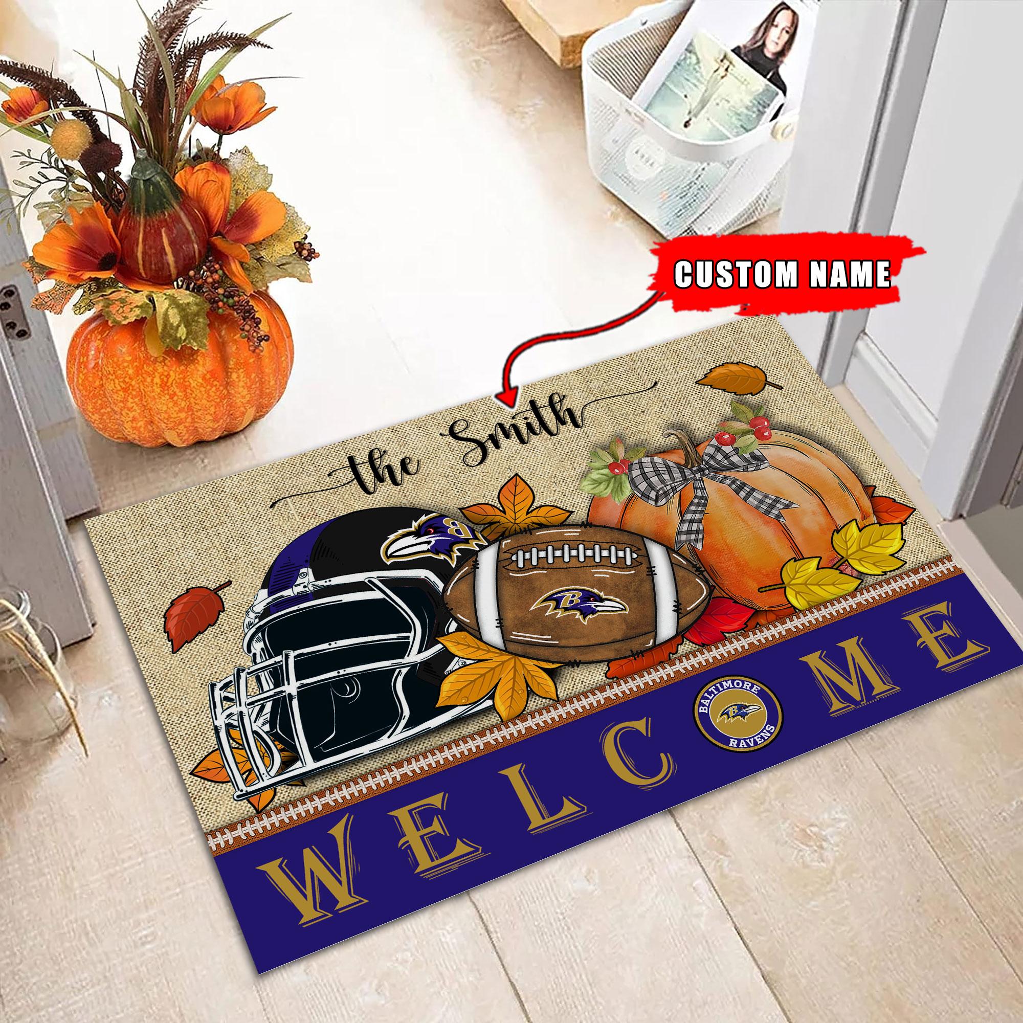 Baltimore Ravens Welcome Fall Football Doormat - Famjoys Baltimore Ravens Welcome Fall Football Doormat - Famjoys