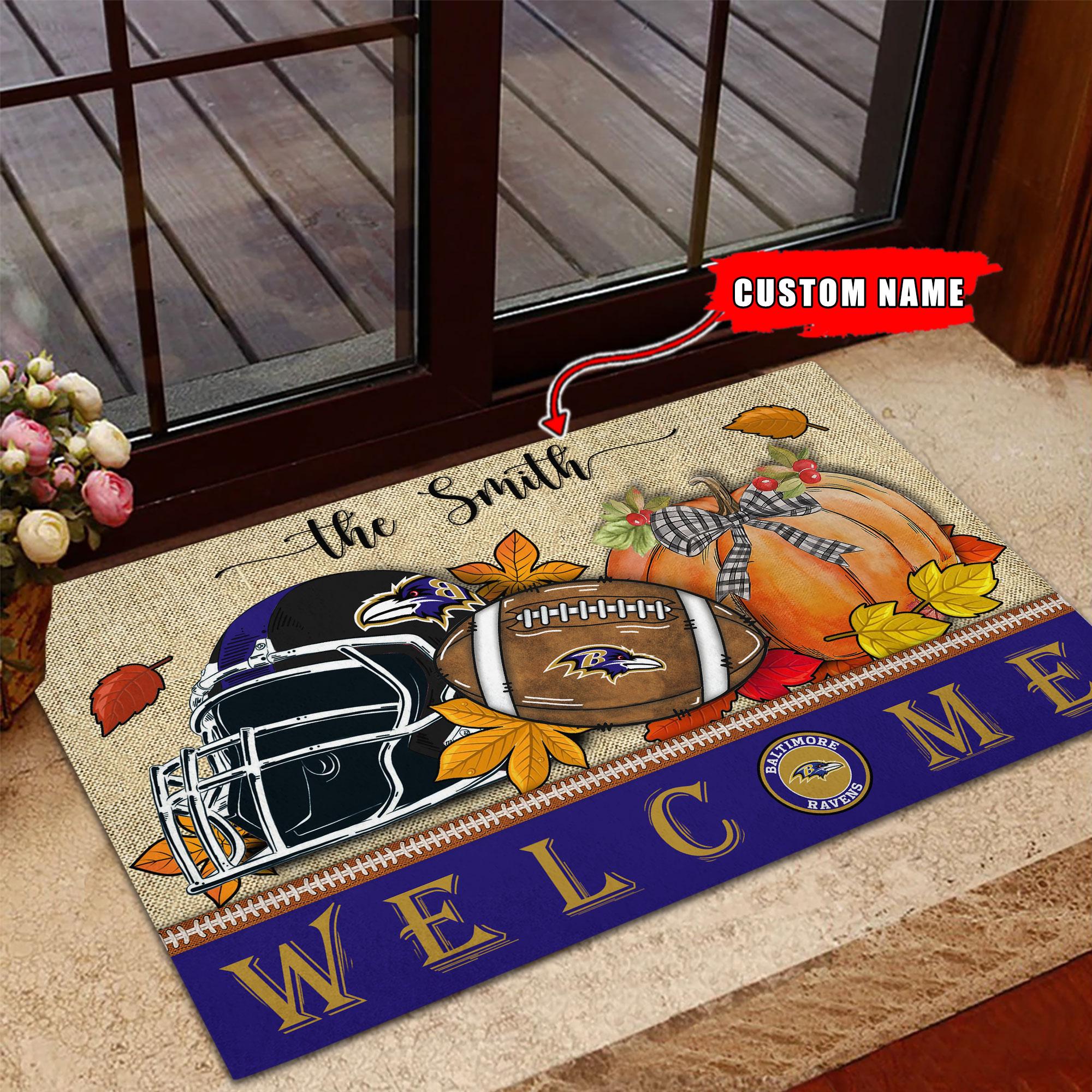 Baltimore Ravens Welcome Fall Football Doormat - Famjoys Baltimore Ravens Welcome Fall Football Doormat - Famjoys