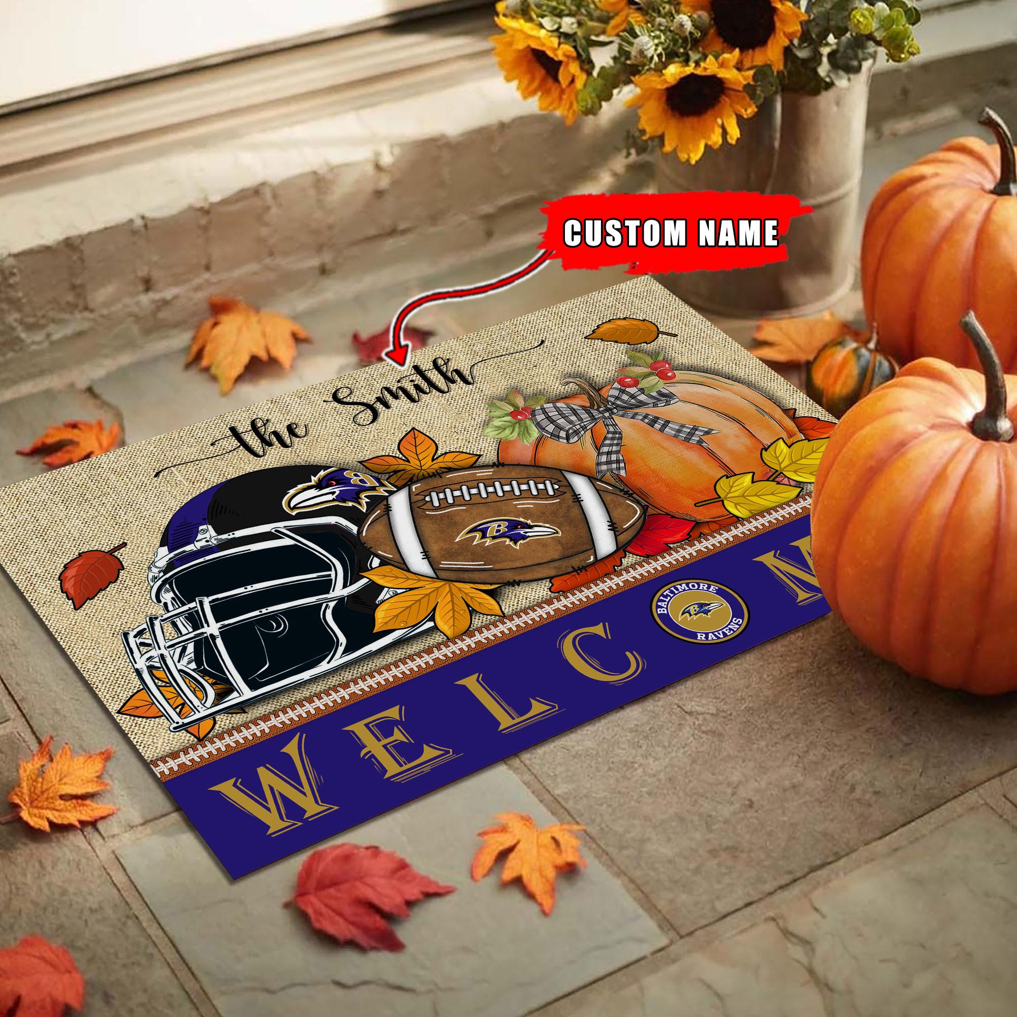 Baltimore Ravens Welcome Fall Football Doormat - Famjoys Baltimore Ravens Welcome Fall Football Doormat - Famjoys