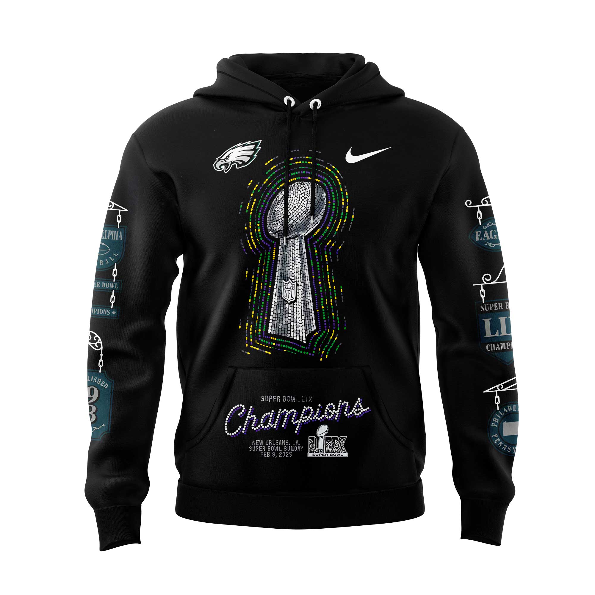 Black Philadelphia Eagles Super Bowl LIX Champions Lombardi Trophy Hoodie V2 - Famjoys Black Philadelphia Eagles Super Bowl LIX Champions Lombardi Trophy Hoodie V2 - Famjoys