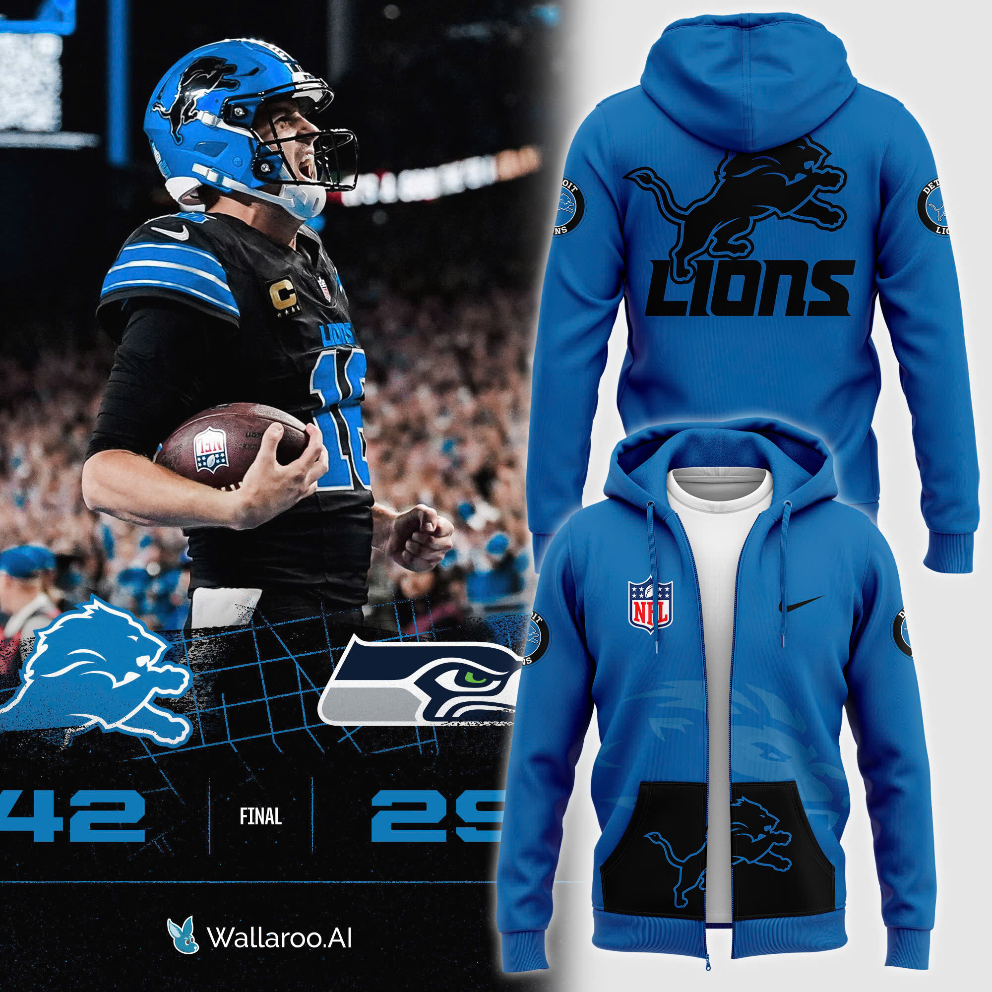 Blue Detroit Lions Alternate Helmet Pullover Zip Hoodie - Famjoys Blue Detroit Lions Alternate Helmet Pullover Zip Hoodie - Famjoys