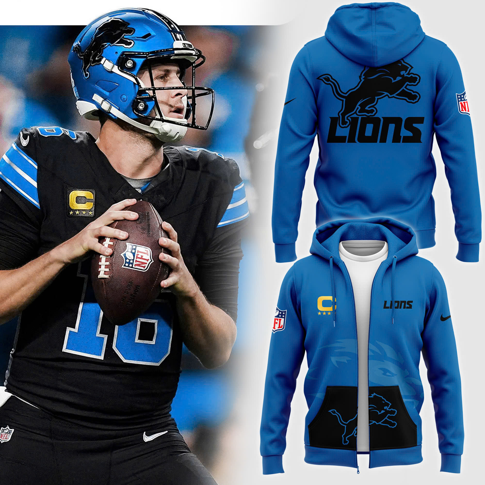 Blue Detroit Lions Alternate Helmet Pullover Zip Hoodie V2 - Famjoys Blue Detroit Lions Alternate Helmet Pullover Zip Hoodie V2 - Famjoys