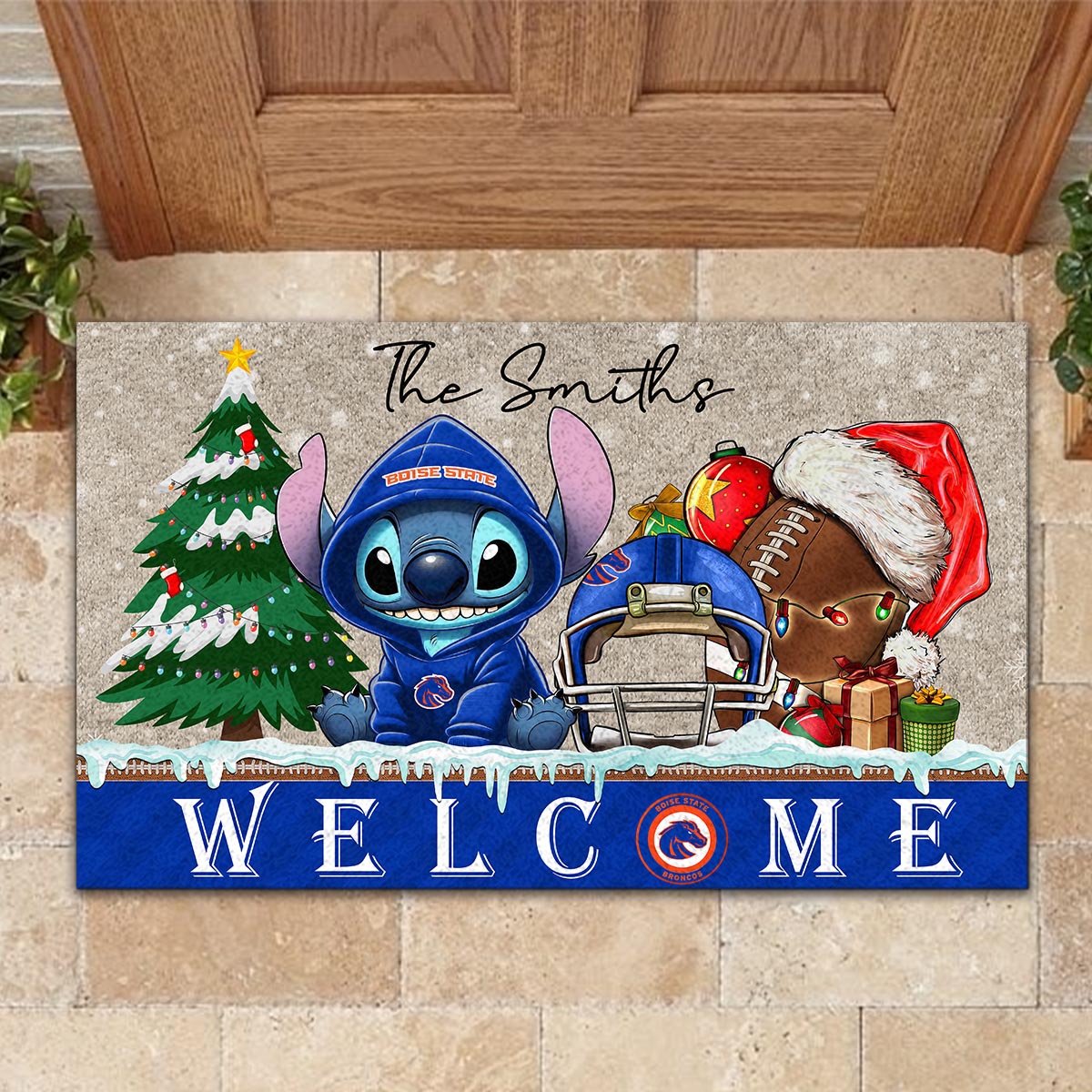 Boise State Broncos Cute Stitch Christmas Doormat - Famjoys Boise State Broncos Cute Stitch Christmas Doormat - Famjoys
