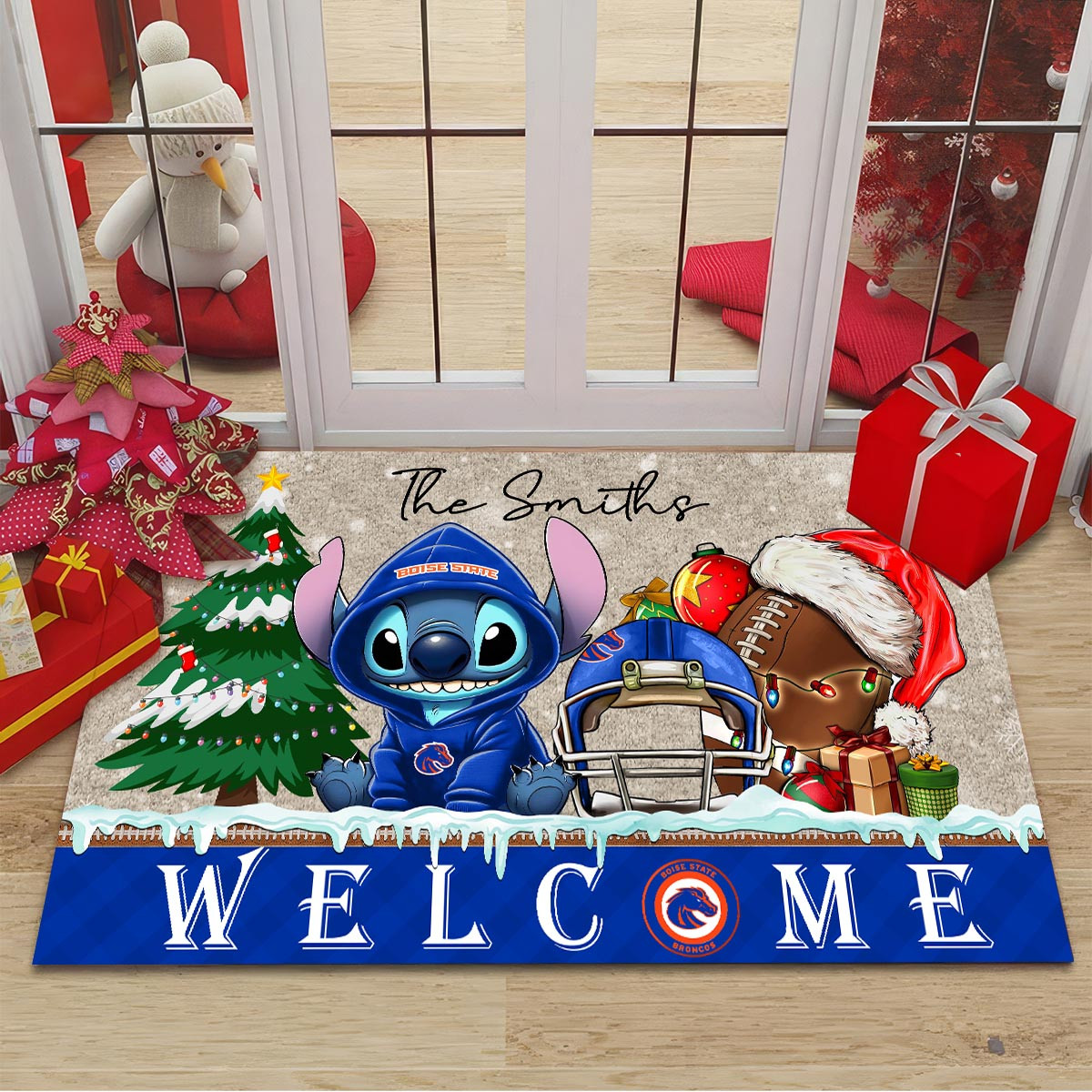 Boise State Broncos Cute Stitch Christmas Doormat - Famjoys Boise State Broncos Cute Stitch Christmas Doormat - Famjoys
