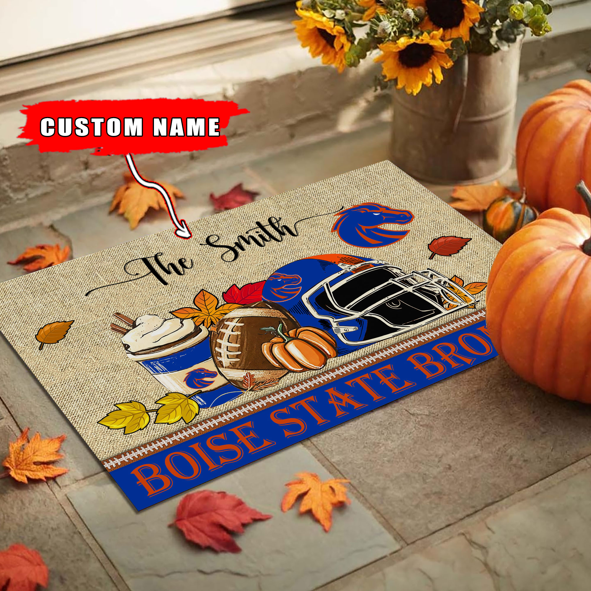 Boise State Broncos Fall Football Custom Doormat - Custom Text - Famjoys Boise State Broncos Fall Football Custom Doormat - Custom Text - Famjoys