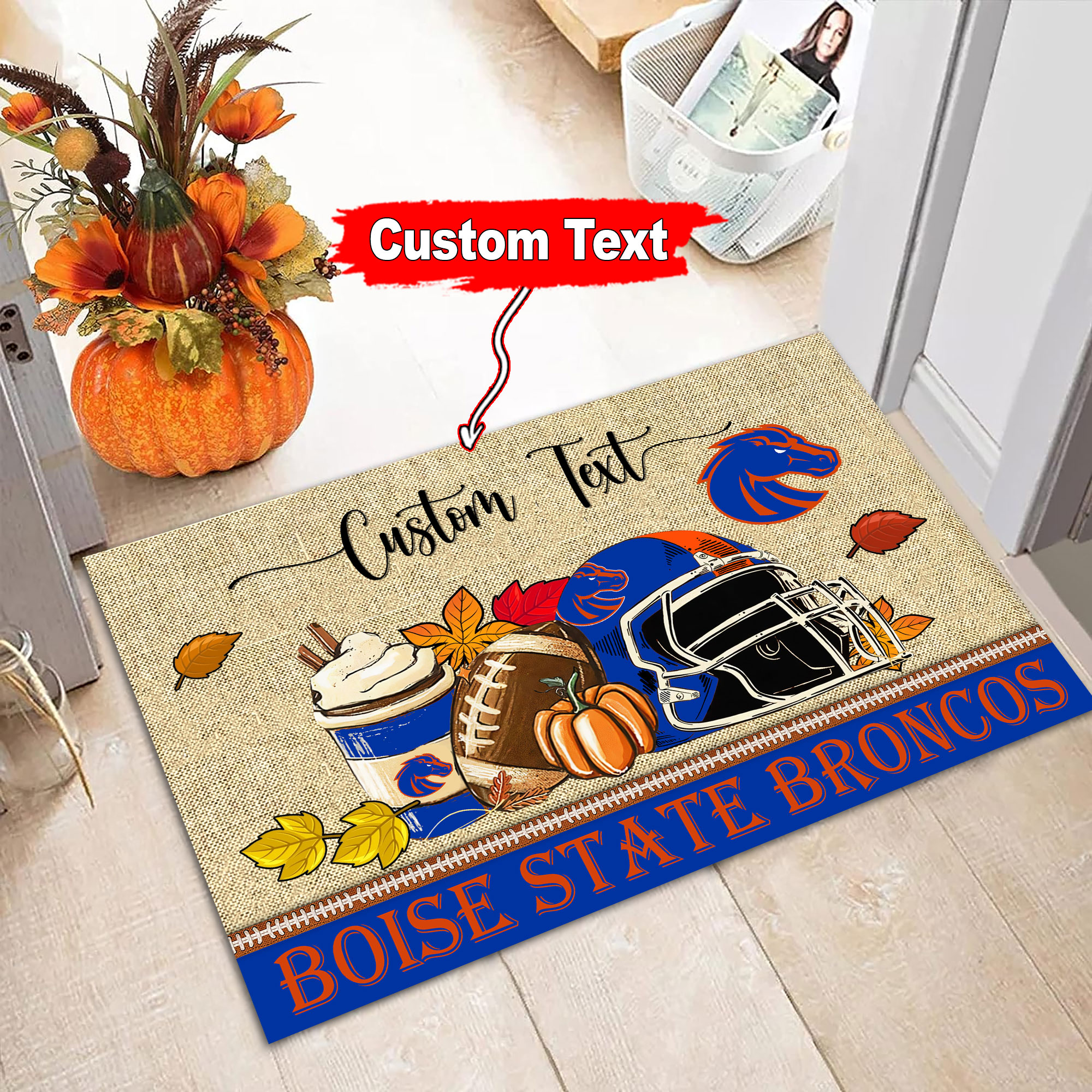 Boise State Broncos Fall Football Custom Doormat - Custom Text - Famjoys Boise State Broncos Fall Football Custom Doormat - Custom Text - Famjoys