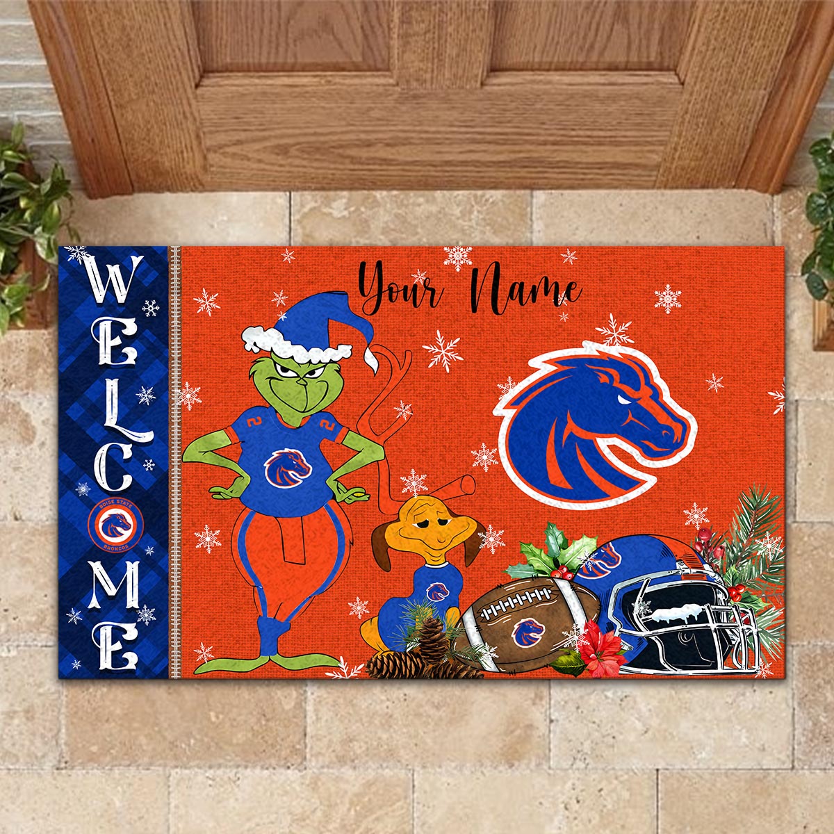 Boise State Broncos Grinch Christmas Welcome Football Doormat - Famjoys Boise State Broncos Grinch Christmas Welcome Football Doormat - Famjoys