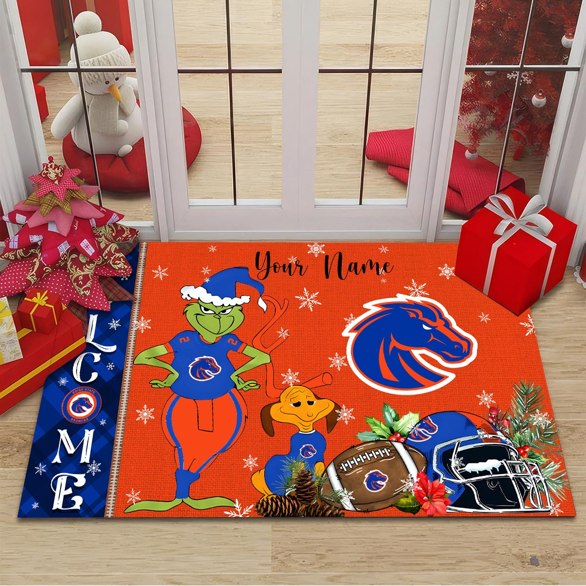 Boise State Broncos Grinch Christmas Welcome Football Doormat - Famjoys Boise State Broncos Grinch Christmas Welcome Football Doormat - Famjoys