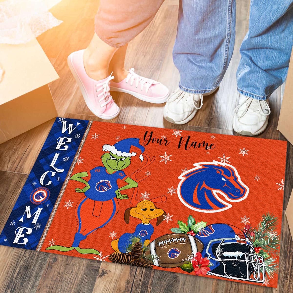 Boise State Broncos Grinch Christmas Welcome Football Doormat - Famjoys Boise State Broncos Grinch Christmas Welcome Football Doormat - Famjoys