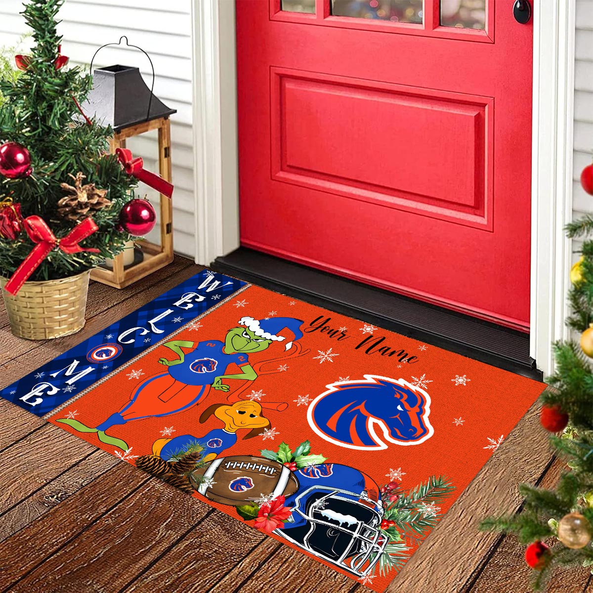 Boise State Broncos Grinch Christmas Welcome Football Doormat - Famjoys Boise State Broncos Grinch Christmas Welcome Football Doormat - Famjoys