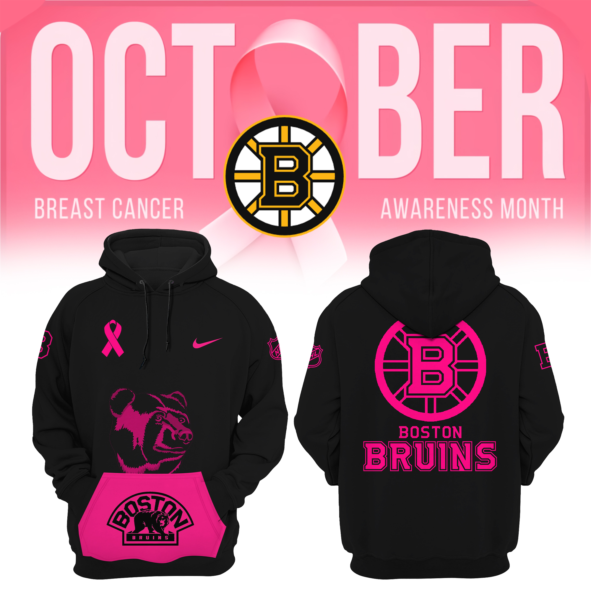 Boston Bruins NHL Breast Cancer Awareness Month Pullover Hoodie - Famjoys Boston Bruins NHL Breast Cancer Awareness Month Pullover Hoodie - Famjoys