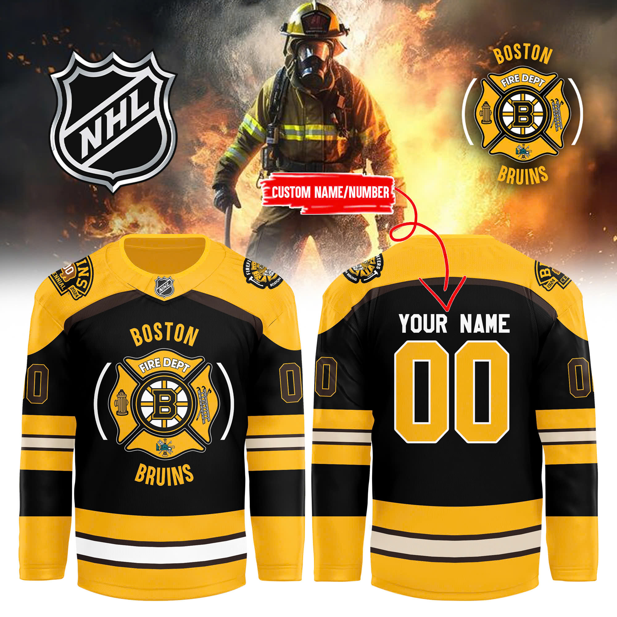 Boston Bruins x Firefighter Appreciation Night Premium Personalized Jersey - Famjoys Boston Bruins x Firefighter Appreciation Night Premium Personalized Jersey - Famjoys