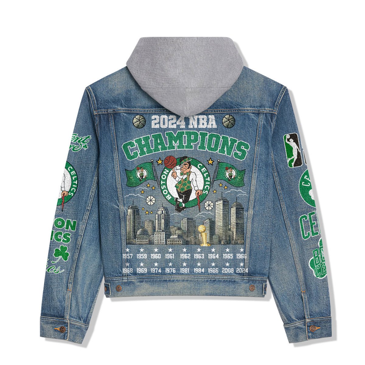 Boston Celtics 18 Time Finals Champions Hoodie Denim Jacket - Famjoys Boston Celtics 18 Time Finals Champions Hoodie Denim Jacket - Famjoys