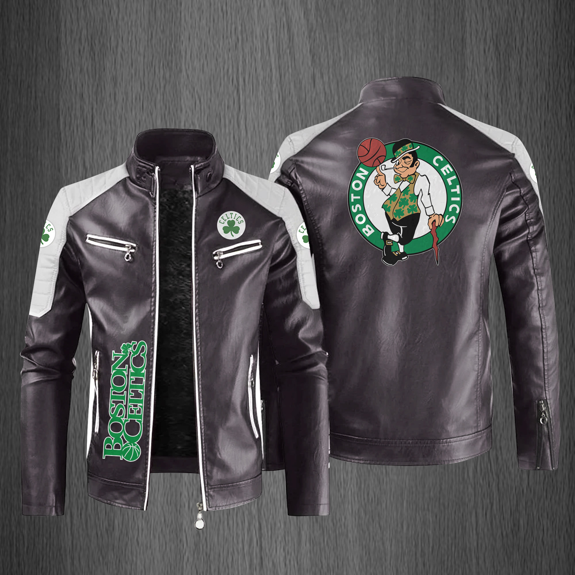 Boston Celtics Fleece Inner Leather Jacket - Famjoys Boston Celtics Fleece Inner Leather Jacket - Famjoys