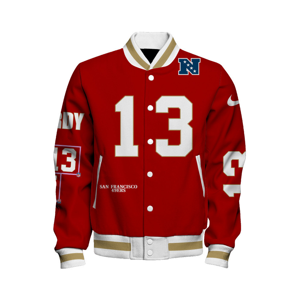 Brock Purdy #13 San Francisco 49ers National Football League Unisex Varsity Jacket - Famjoys Brock Purdy #13 San Francisco 49ers National Football League Unisex Varsity Jacket - Famjoys