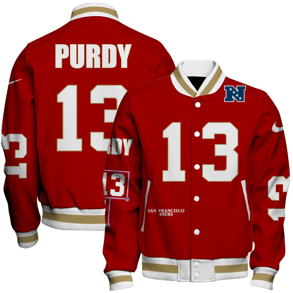 Brock Purdy #13 San Francisco 49ers National Football League Unisex Varsity Jacket - Famjoys Brock Purdy #13 San Francisco 49ers National Football League Unisex Varsity Jacket - Famjoys