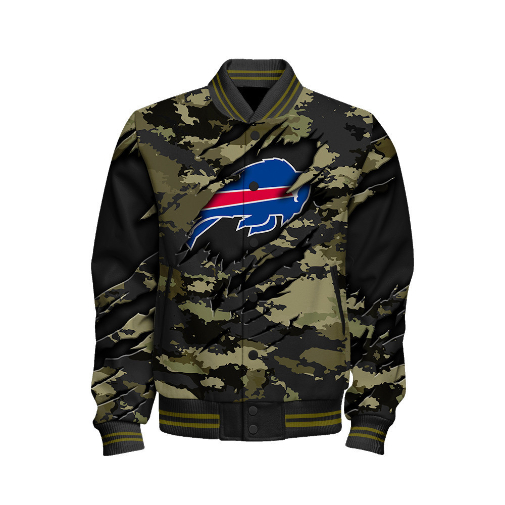 Buffalo Bills Black Camo Pattern National Football League Varsity Jacket - Famjoys Buffalo Bills Black Camo Pattern National Football League Varsity Jacket - Famjoys