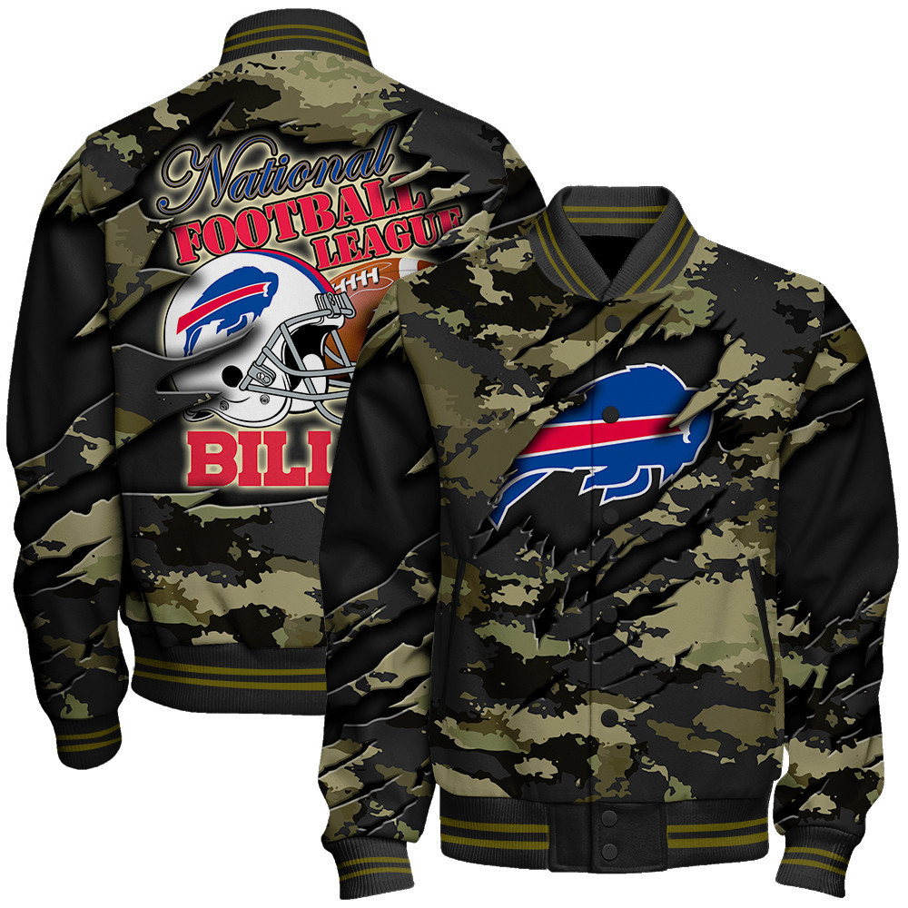 Buffalo Bills Black Camo Pattern National Football League Varsity Jacket - Famjoys Buffalo Bills Black Camo Pattern National Football League Varsity Jacket - Famjoys