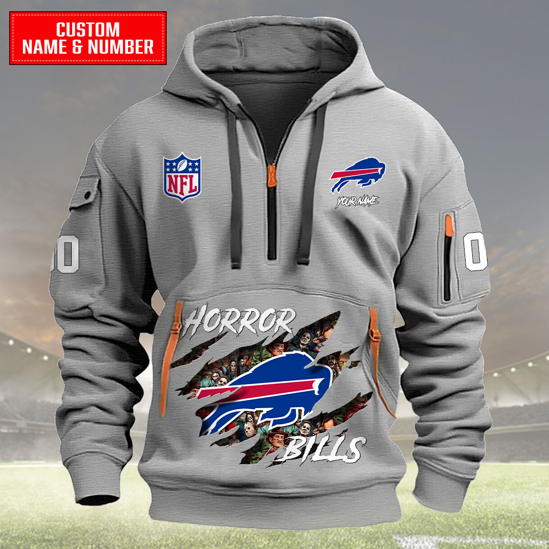 Buffalo Bills Halloween Horror Collection Personalize Quarter Zip Hoodie AZCAQZH000018 - Famjoys Buffalo Bills Halloween Horror Collection Personalize Quarter Zip Hoodie AZCAQZH000018 - Famjoys
