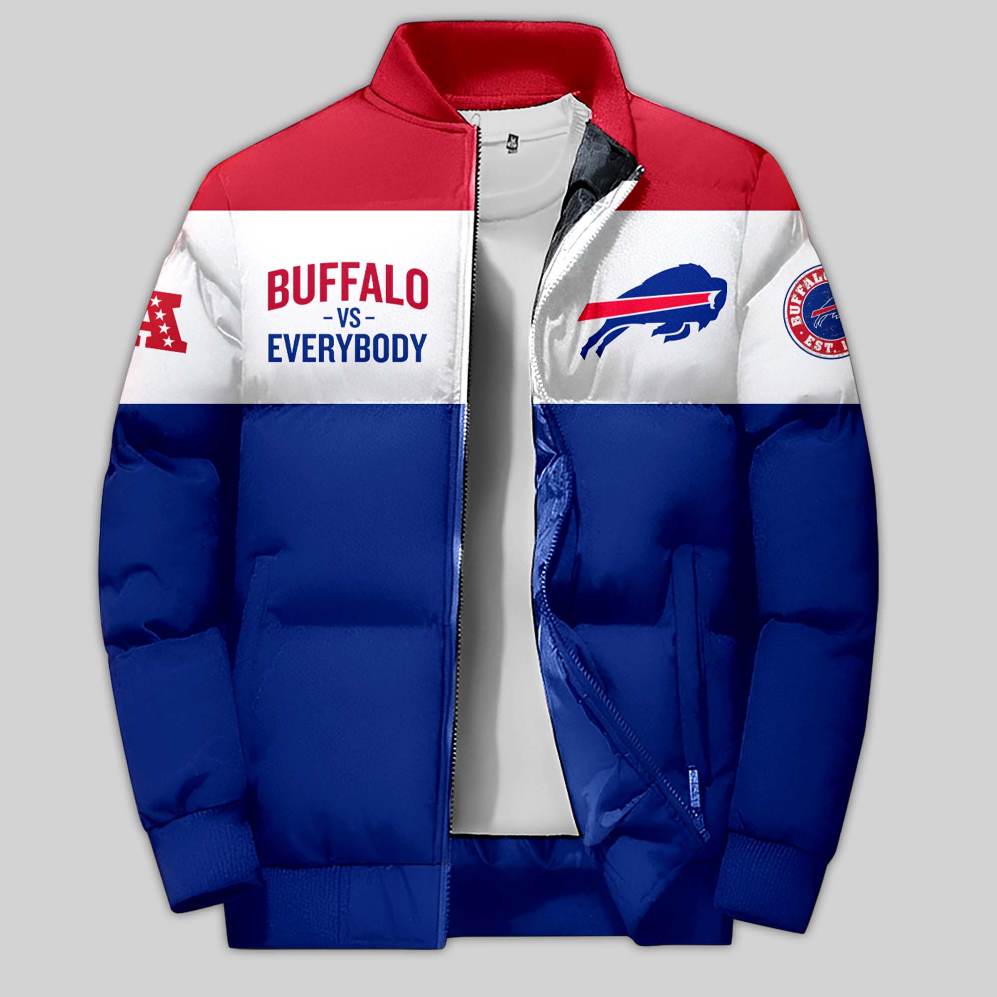 Buffalo Bills Premium 3D Bomber Down Jacket - Famjoys Buffalo Bills Premium 3D Bomber Down Jacket - Famjoys