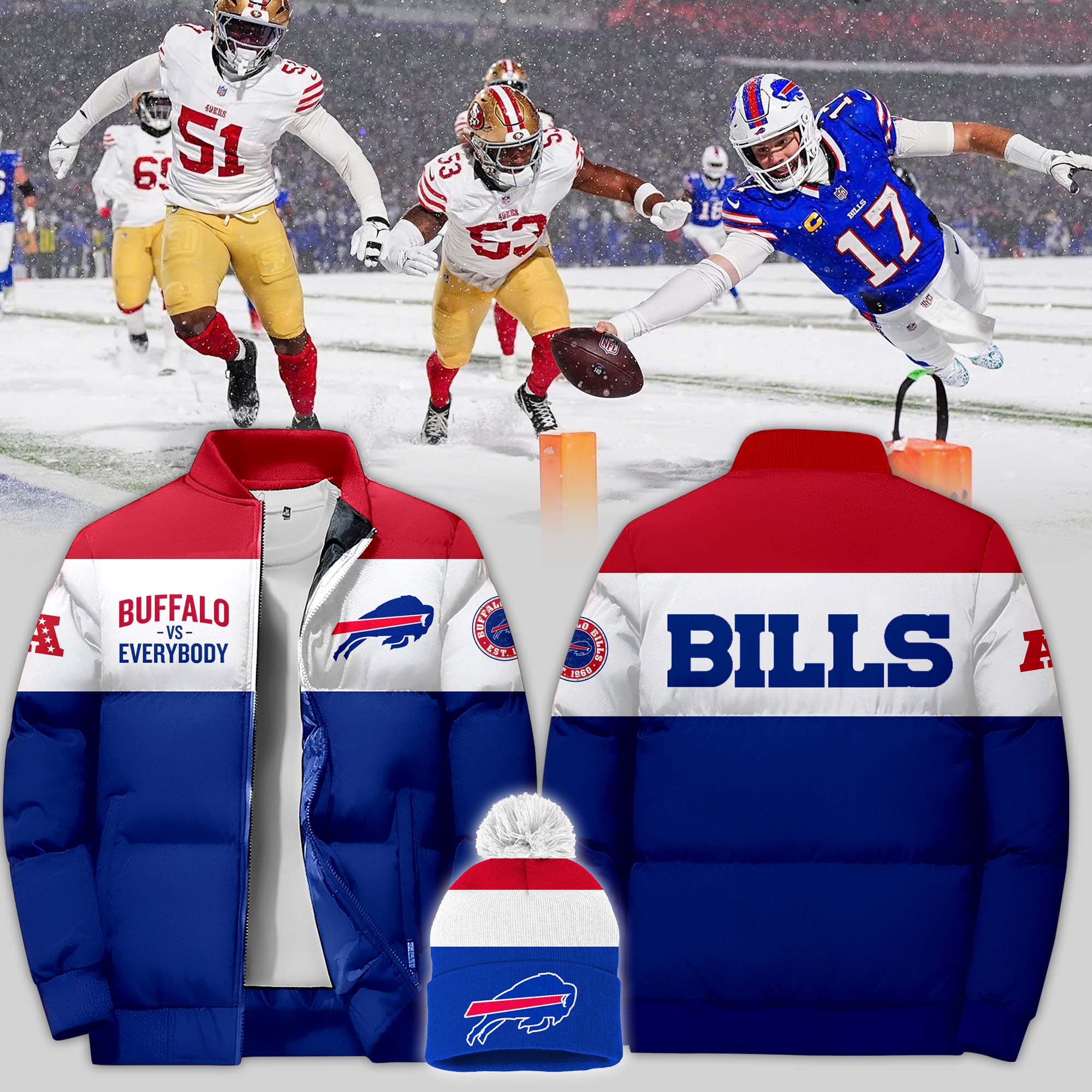Buffalo Bills Premium 3D Bomber Down Jacket - Famjoys Buffalo Bills Premium 3D Bomber Down Jacket - Famjoys