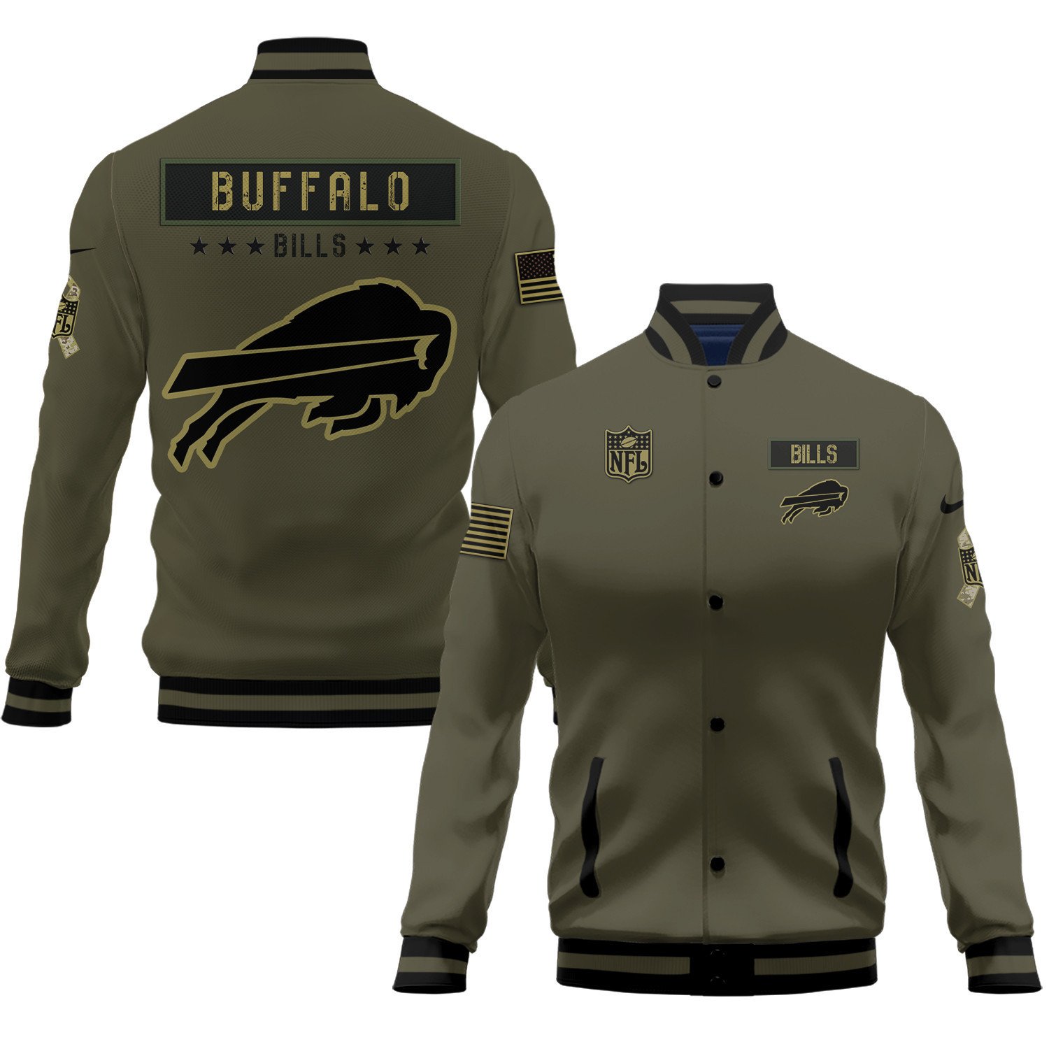 Buffalo Bills Salute To Service Club Baseball Jacket Varsity Jacket - Green - Famjoys Buffalo Bills Salute To Service Club Baseball Jacket Varsity Jacket - Green - Famjoys