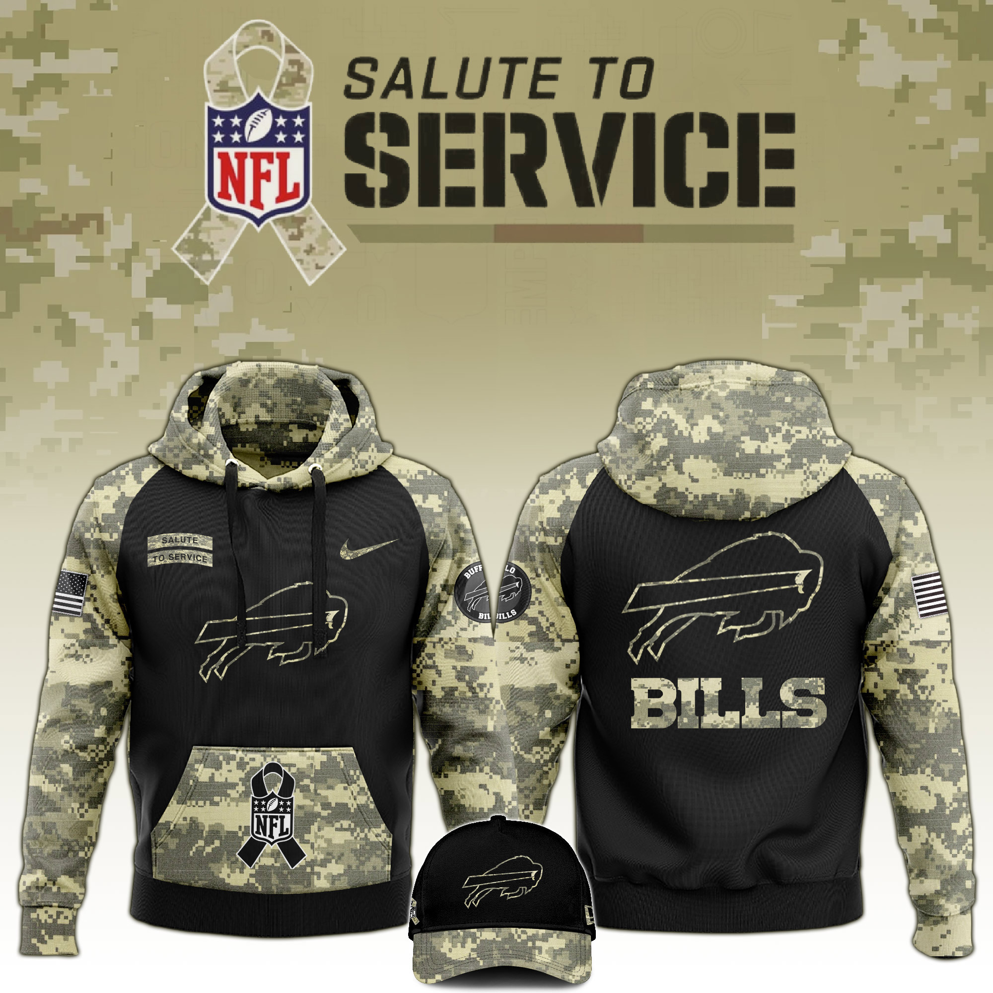 Buffalo Bills Salute to Service Club Camo Hoodie #2 - Famjoys Buffalo Bills Salute to Service Club Camo Hoodie #2 - Famjoys