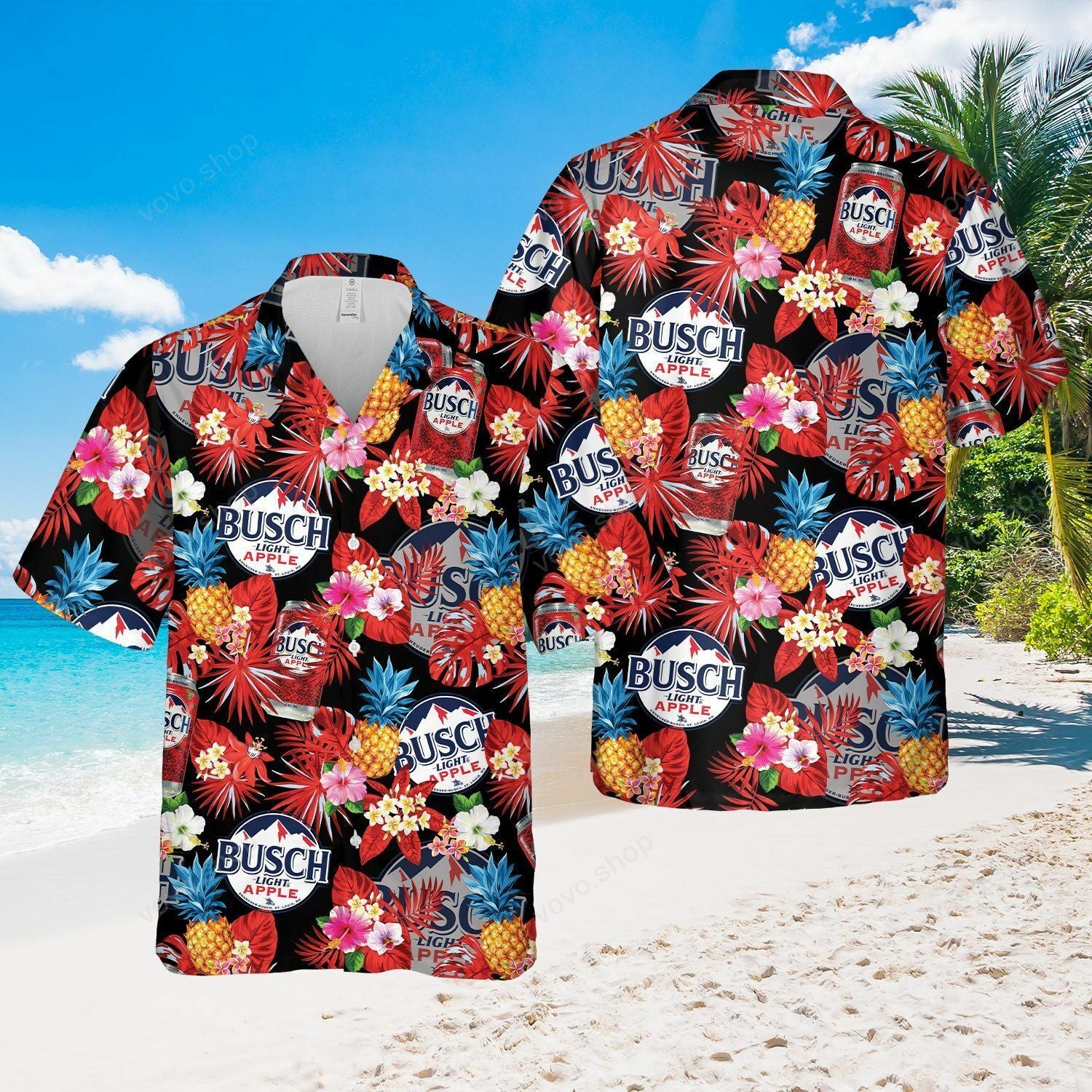 Busch Light Apple Tropical Flower Hawaiian Shirt And Beach Shorts - Famjoys Busch Light Apple Tropical Flower Hawaiian Shirt And Beach Shorts - Famjoys