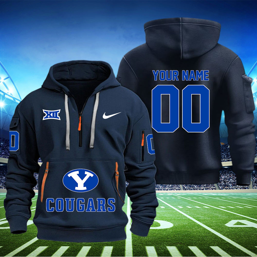 BYU Cougars Football Quarter Zip Hoodie - Famjoys BYU Cougars Football Quarter Zip Hoodie - Famjoys