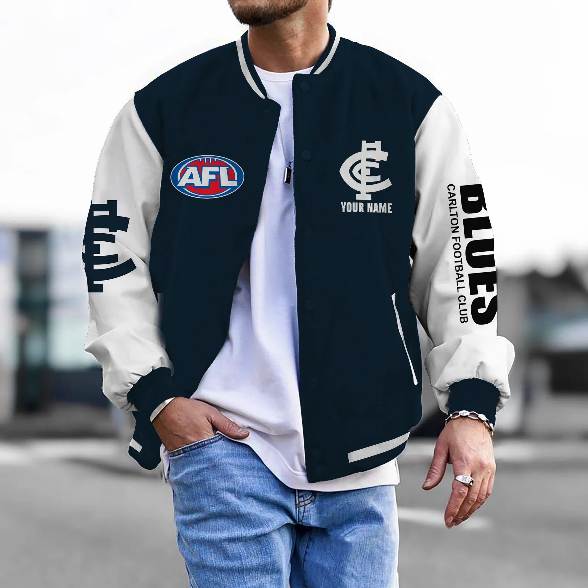 Carlton Football Club AFL Custom Name Baseball Jacket Gifts For Fans - Famjoys Carlton Football Club AFL Custom Name Baseball Jacket Gifts For Fans - Famjoys