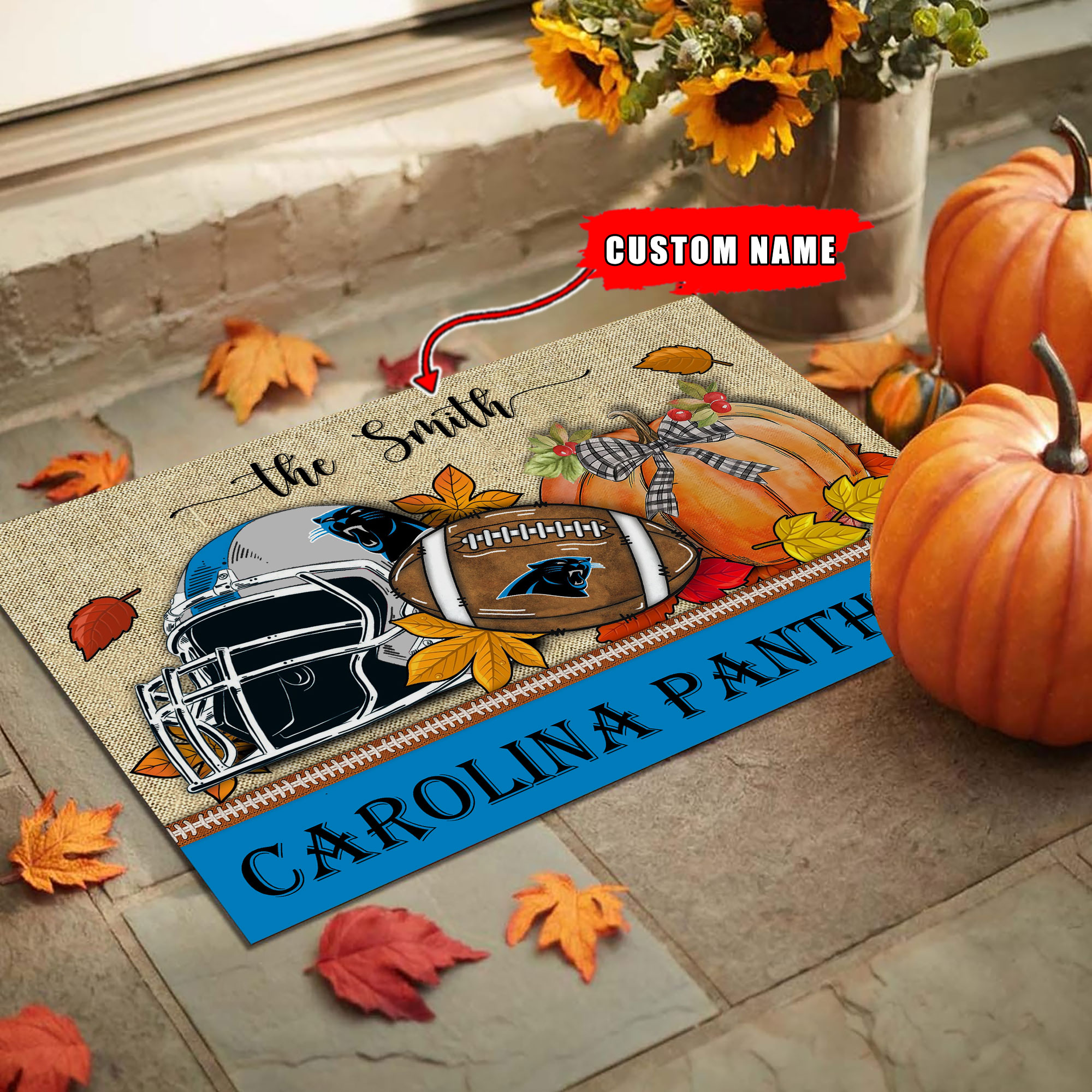 Carolina Panthers Fall Football Doormat - Famjoys Carolina Panthers Fall Football Doormat - Famjoys