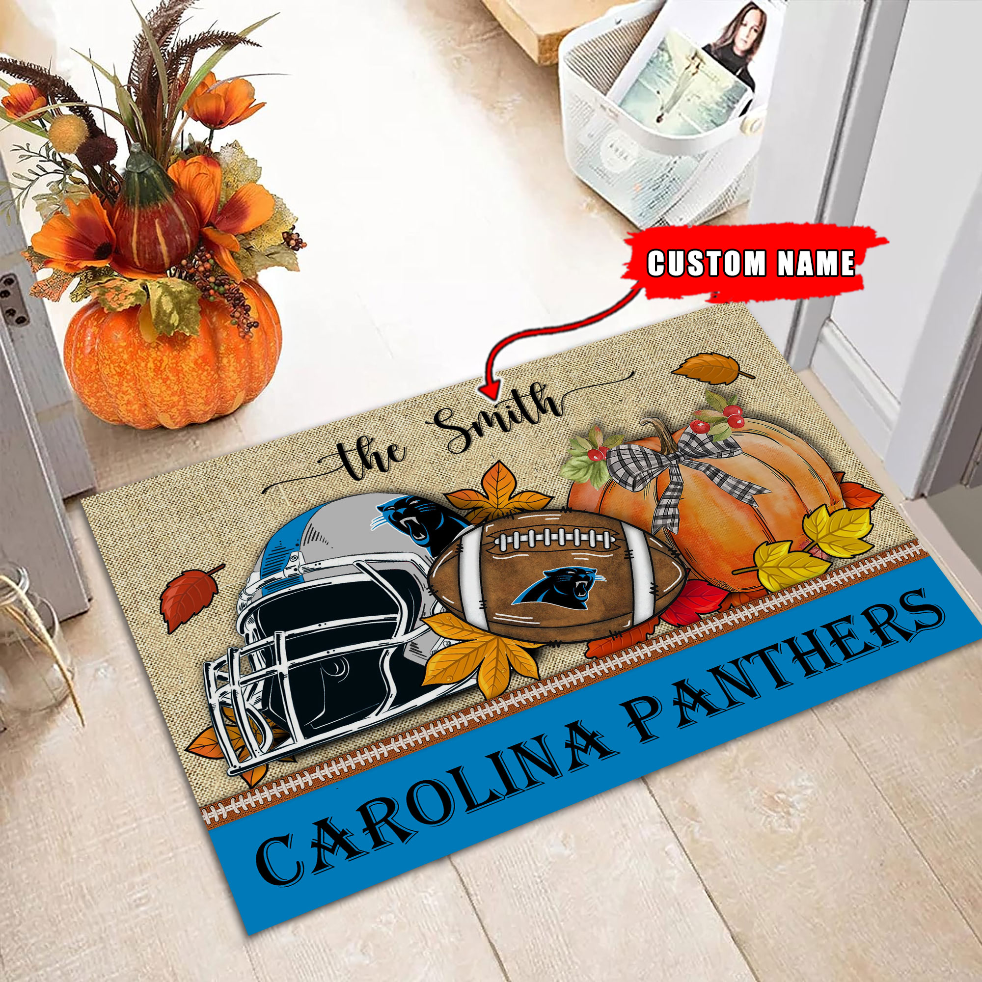 Carolina Panthers Fall Football Doormat - Famjoys Carolina Panthers Fall Football Doormat - Famjoys