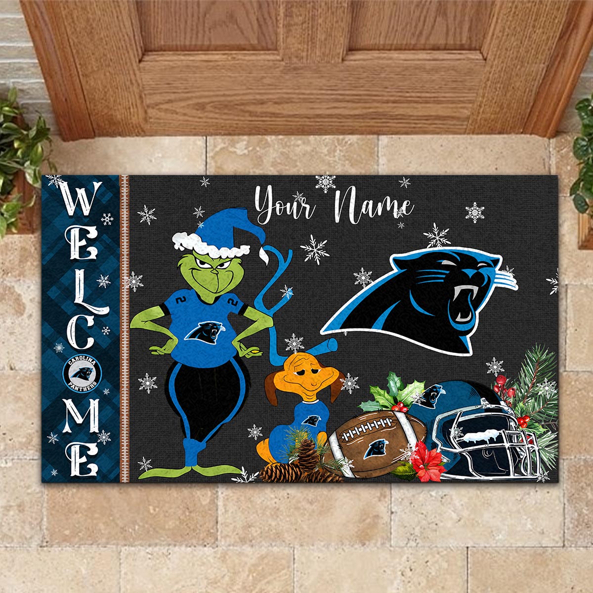 Carolina Panthers Grinch Christmas Welcome Football Doormat - Famjoys Carolina Panthers Grinch Christmas Welcome Football Doormat - Famjoys