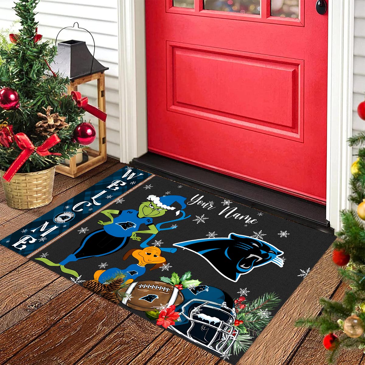 Carolina Panthers Grinch Christmas Welcome Football Doormat - Famjoys Carolina Panthers Grinch Christmas Welcome Football Doormat - Famjoys